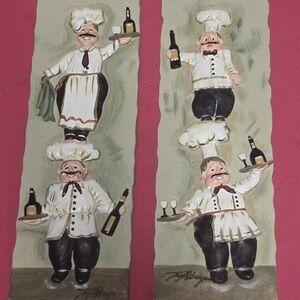 3D Italian Cafe Bistro Chef Wine  Wall Plaque Set of 2 Signed Joy Alldredge